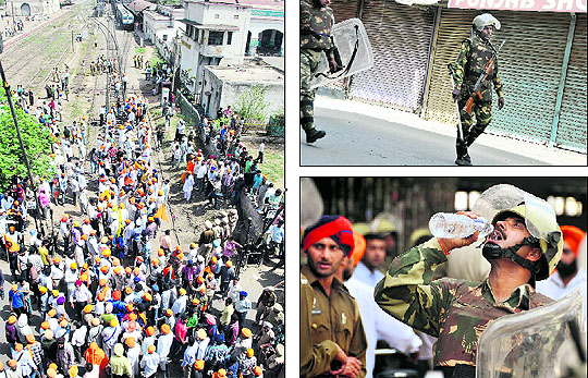 Protesters block railway tracks at the Patiala railway station; security personnel at Chaura Bazaar in Ludhiana; a jawan of paramilitary forces quenches his thirst; closed shutter of a bank in Amritsar; and students stranded at the Patiala bus stand