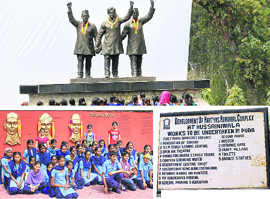 (Above) The life size statues of Shahid Bhagat Singh, Rajguru and Sukhdev installed in the memorial; (below-left) Students from Government High School posing in front of the busts of Shahid Bhagat Singh, Rajguru and Sukhdev installed in the memorial; and (below-right)) an old board installed near the entrance of the memorial depicting the development works to be carried out