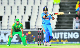 Gautham Gambhir plays a shot during a one-off Twenty20 International between India and South Africa at the Wanderers Stadium in Johannesburg on Friday. South Africa won the rain-hit match by 11 runs via D/L method. 