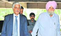 Punjab DGP Sumedh Singh Saini along with former DGP KPS Gill at the state police headquarters in Chandigarh