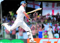 Kevin Pietersen celebrates his century during the third day of the second Test against Sri Lanka in Colombo on Thursday