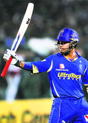 Rajasthan Royals Ajinkya Rahane acknowledges the crowd after his dismissal on 98 against Kings XI Punjab in Jaipur on Friday