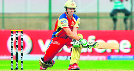 Royal Challengers Bangalore�s A B de Villiers plays a shot during their match against Delhi Daredevils in Bangalore on Saturday.