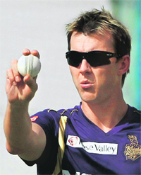 Kolkata Knight Riders Brett Lee during a practice session on the eve of their match against Rajasthan Royals in Jaipur on Saturday.
