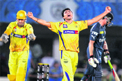 Chennai Super Kings� RA Jadeja celebrates his wicket against Chargers in Visakhapatnam. 