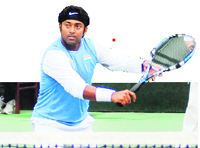 Leander Paes in action during an exhibition match in Chandigarh on Tuesday. 