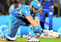 Mumbai Indians opener Richard Levi hits a shot during their match against Rajasthan Royals in Mumbai on Wednesday. Mumbai won by 27 runs