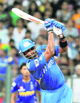 Mumbai�s Kieron Pollard plays a shot during a match against Royals in Mumbai on Wednesday.