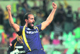 Kolkata Knight Riders� Yusuf Pathan celebrates after the dismissal of Rajasthan Royals� Ashok Mineria during their match at the Eden Gardens in Kolkata on Friday. Knight Riders won by 5 wickets. 