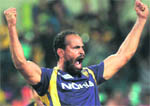 Kolkata Knight Riders� Yusuf Pathan celebrates after the dismissal of Rajasthan Royals� Ashok Mineria during their match at the Eden Gardens in Kolkata on Friday. Knight Riders won by 5 wickets.