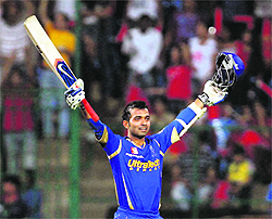 Rajasthan Royals� Ajinkya Rahane celebrates his century against Royal Challengers Bangalore in Bengaluru on Sunday. 