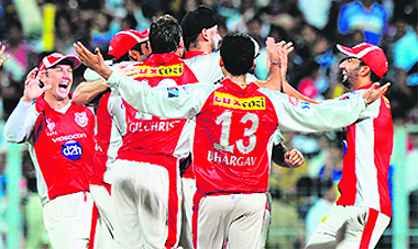 Kings XI Punjab players celebrate their win against Knight Riders at the Eden Gardens in Kolkata on Sunday. 