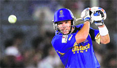Rajasthan Royal�s Brad Hodge plays a shot against Deccan Chargers during their match in Jaipur on Tuesday. Rajasthan won the match by 5 wickets.