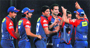 Delhi Daredevils celebrate the dismissal of Mumbai Indians� Richard Levi during their match in Mumbai on Monday. Daredevils won by 7 wickets