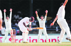 Australian players appeal against West Indies batsman Kieran Powell (C) during the second day of the second Test in Port of Spain on Monday.