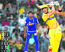 Chennai Super Kings� Francois du Plessis hits a six during their match against Rajasthan Royals in Chennai on Saturday. 