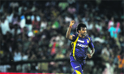 KKR�s Laxmipathy Balaji celebrates after taking the wicket of Deccan Chargers� Kumar Sangakkaraduring during their match in Cuttack on
