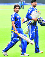 Mumbai Indians� Sachin Tendulkar and Harbhajan Singh at the PCA Stadium in Mohali on Tuesday.