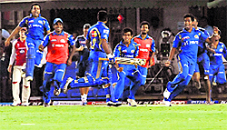 Mumbai Indians� celebrate after defeating Kings XI Punjab during their IPL match in Mohali on Wednesday