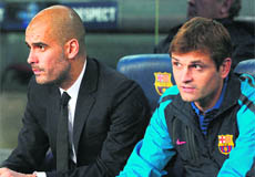 Barcelona's Pep Guardiola (L), arguably the most successful coach in modern times, will be replaced by his deputy Tito Vilanova (R).