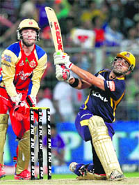 Kolkata Knight Rider's Gautam Gambhir plays a shot during their match against Royal Challengers Bangalore in Kolkata on Saturday. KKR won by 47 runs. 