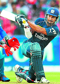 Deccan Chargers� Kumar Sangakara plays a shot during their match against Pune Warriors in Cuttack on Tuesday