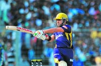 Kolkata Knight Riders� Gautam Gambhir plays a shot against Pune Warriors at Eden Gardens in Kolkata