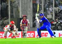 Rajasthan Royals� Rahul Dravid hits a four against Kings XI Punjab at PCA Stadium in Mohali on Saturday