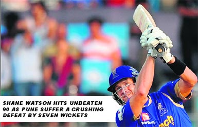 Rajasthan Royals� Shane Watson plays a shot during their match against Pune Warriors at the Sahara Stadium in Pune on Tuesday