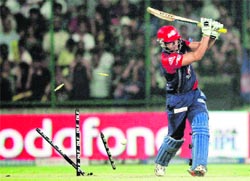 Delhi Daredevils' Yogesh Nagar is bowled by Brett Lee during their match against Kolkata Knight Riders in New Delhi on Monday. KKR won by six wickets.