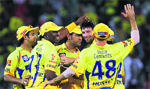 Chennai Super Kings' Ben Hilfenhaus celebrates along with teammates the wicket of Delhi Daredevils' Virender Sehwag during their match in Chennai on Saturday. Chennai won the match by nine wickets