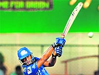 Mumbai Indians� Ambatti Rayadu hits a boundary during their match against Royal Challengers Bangalore at the M. Chinnaswamy Stadium in Bangalore on Monday. Mumbai Indians won by five wickets.
