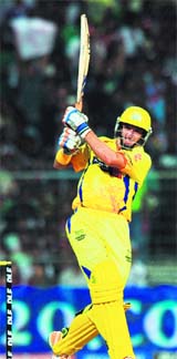Chennai Super Kings� Mike Hussey plays a shot during their match against Kolkata Knight Riders in Kolkata on Monday. 