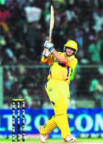 Chennai Super Kings� Mike Hussey plays a shot during their match against Kolkata Knight Riders in Kolkata on Monday. CSK won by five wickets. 