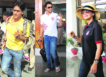 (From left) MS Dhoni, Azhar Mahmood and Priety Zinta at Kangra airport. 