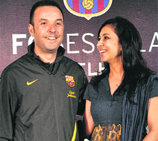 Xevi Marce, director of FCBEscola, with Anupama Jain, director, Conscient Football, in New Delhi on Wednesday. 