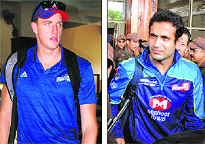 Delhi Daredevils� Morne Morkel and Irfan Pathan (R) at Kangra airport