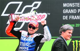 Spain�s Jorge Lorenzo celebrates his victory at Le Mans� circuit on Sunday