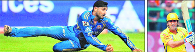 Mumbai Indians led by Harbhajan Singh (left) start as favourites against the title holders Chennai Super Kings led by MS Dhoni (Right) for the eliminator at the M Chinnaswamy Stadium scheduled for Wednesday. 