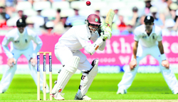 West Indies� Marlon Samuels (c) avoids a ball on the first day of the second Test between England and West Indies at Trent Bridge in Nottingham on Friday. � AFP