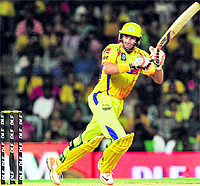 Chennai Super Kings� Michael Hussey plays a shot during the final against Kolkata Knight Riders in Chennai