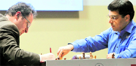 World Chess champion Viswanathan Anand and his Israeli challenger Boris Gelfand at Moscow�s Tretyakovsky Gallery on Monday.