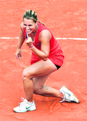 Dominika Cibulkova of Slovakia reacts after winning her match against Victoria Azarenka of Belarus at the Roland Garros stadium in Paris on Sunday. 