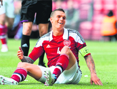 Daniel Agger of Denmark reacts during the friendly football match against Australia in Copenhagen on Sunday