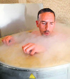 France�s midfielder Franck Ribery is seen in a sauna at the team's training center in Kircha on the eve of their opening match against England. 