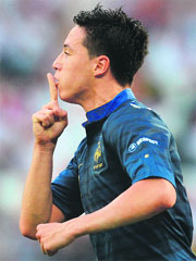 French midfielder Samir Nasri reacts after scoring against England at the Donbass Arena in Donetsk on Monday. The match ended 1-1.