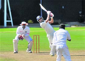 India A�s Manoj Tiwary plays a shot against West Indies A team during the third day's play in St. Lucia on Monday