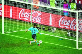 Spanish midfielder Jesus Navas shoots to score in an open goal during their match against Croatia at the Gdansk Arena on Monday. Spain won 1-0.