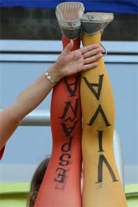 A Spanish fan jokes with a friend ahead of their match against Croatia at the Gdansk Arena on Monday
