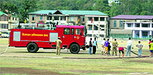 A fire brigade engine waters the Paddal ground in Mandi. Himachal sports also seem to need emergency services